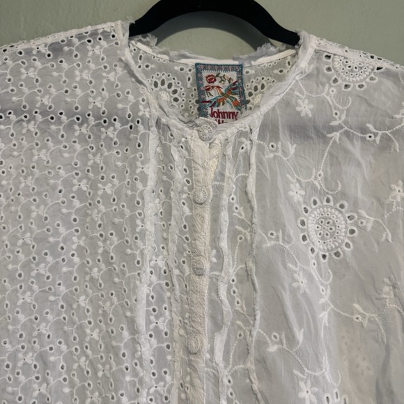 Johnny Was White Hyacinth Blouse Eyelet Lace Large short Sleeve Top Button Boho - Picture 14 of 16